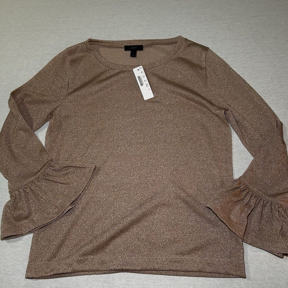 NWT J. Crew Sparkle Bell Sleeve Top in a rose gold metallic, size S